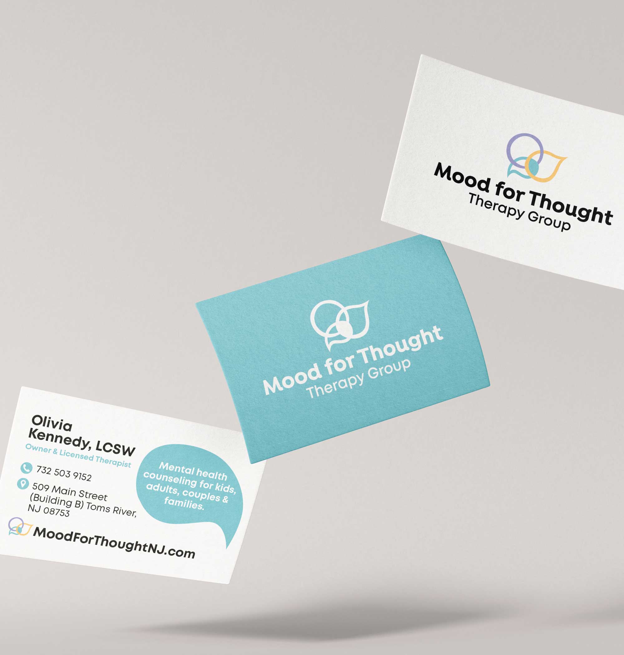 Business card designs for Mood for Thought Therapy Group with contact info and colorful logo