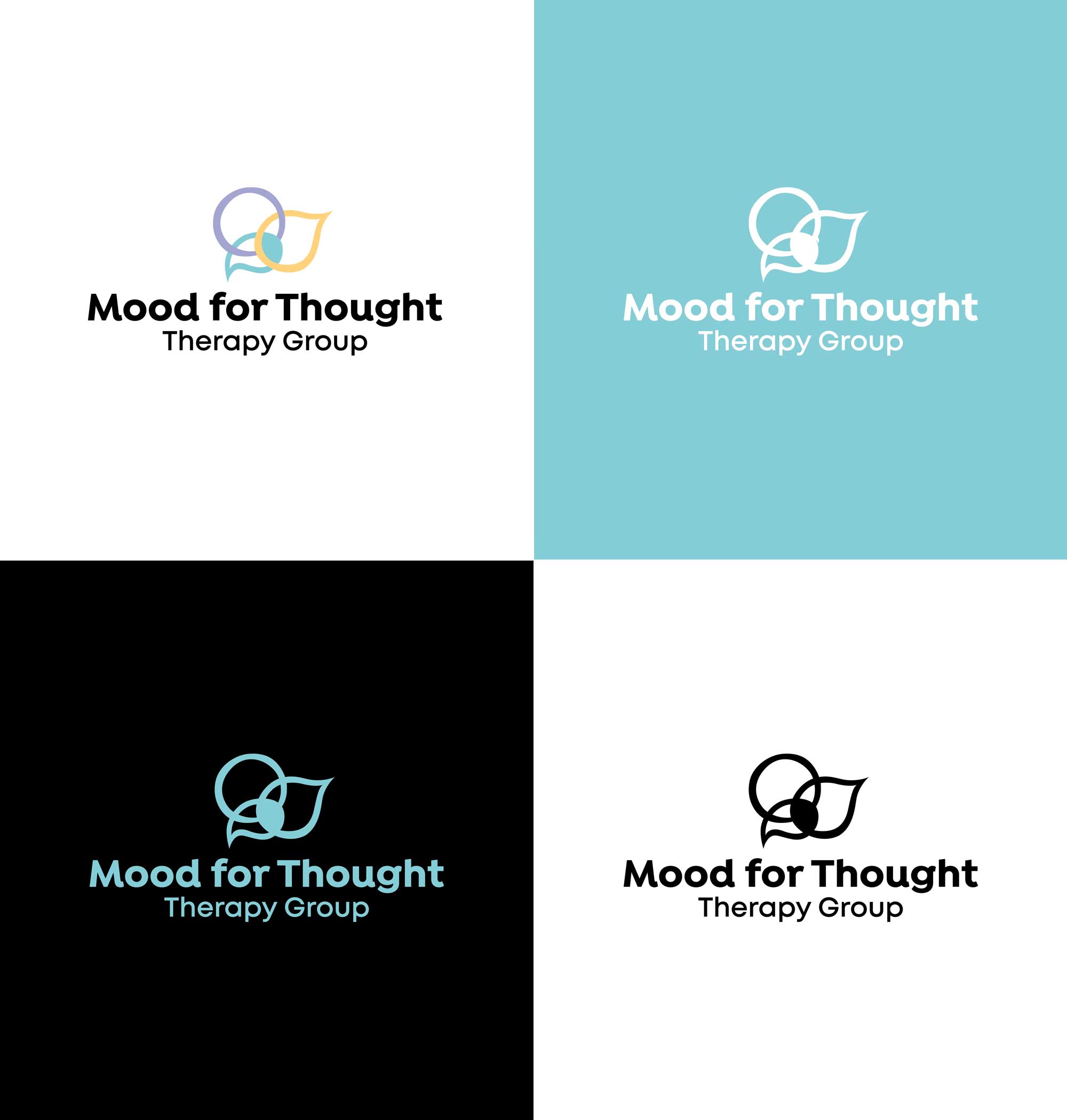 Mood for Thought logos shown in black, white, and colored backgrounds for branding flexibility