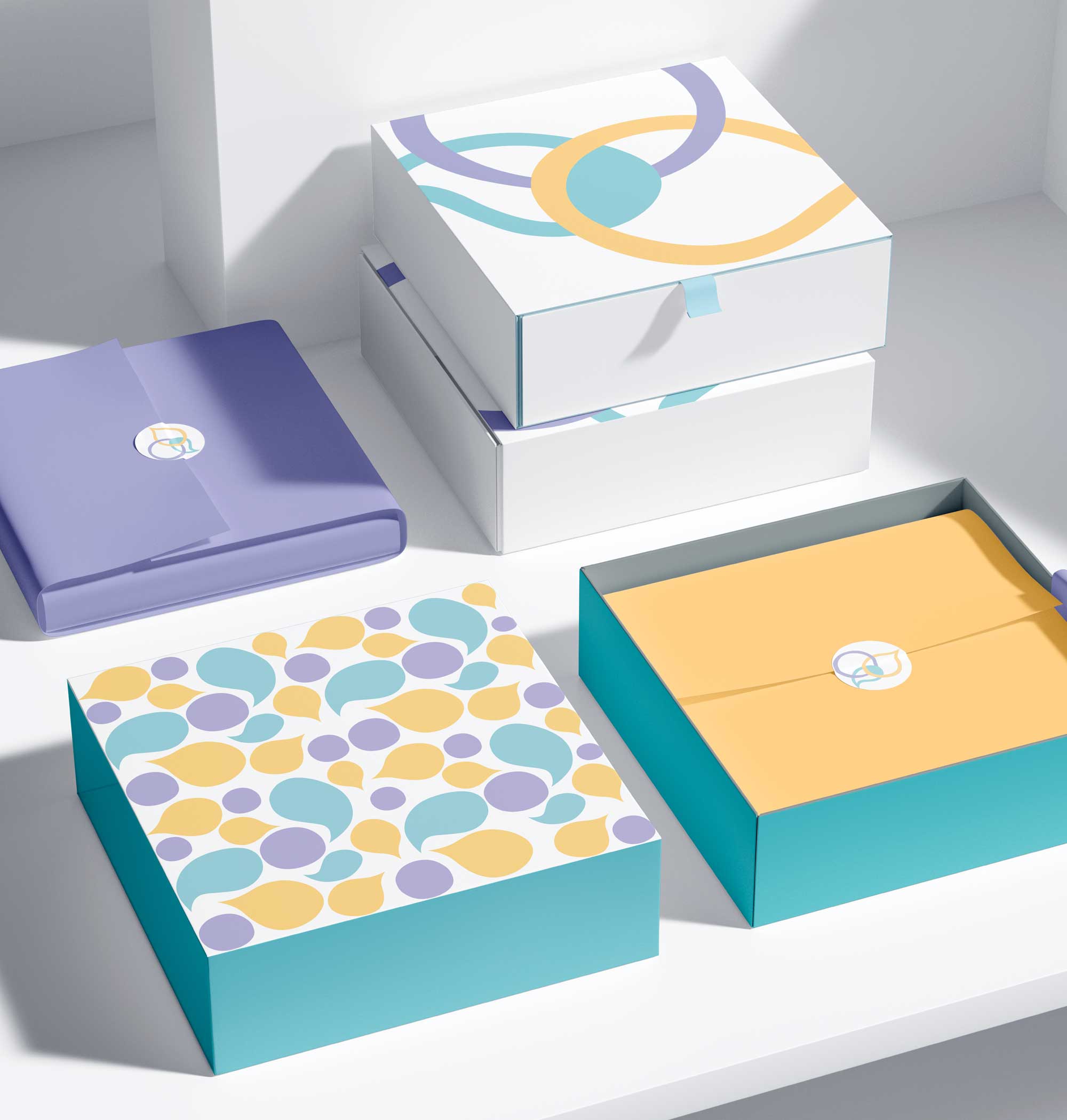 Branded packaging mockups with abstract therapy-themed pattern and logo for Mood for Thought