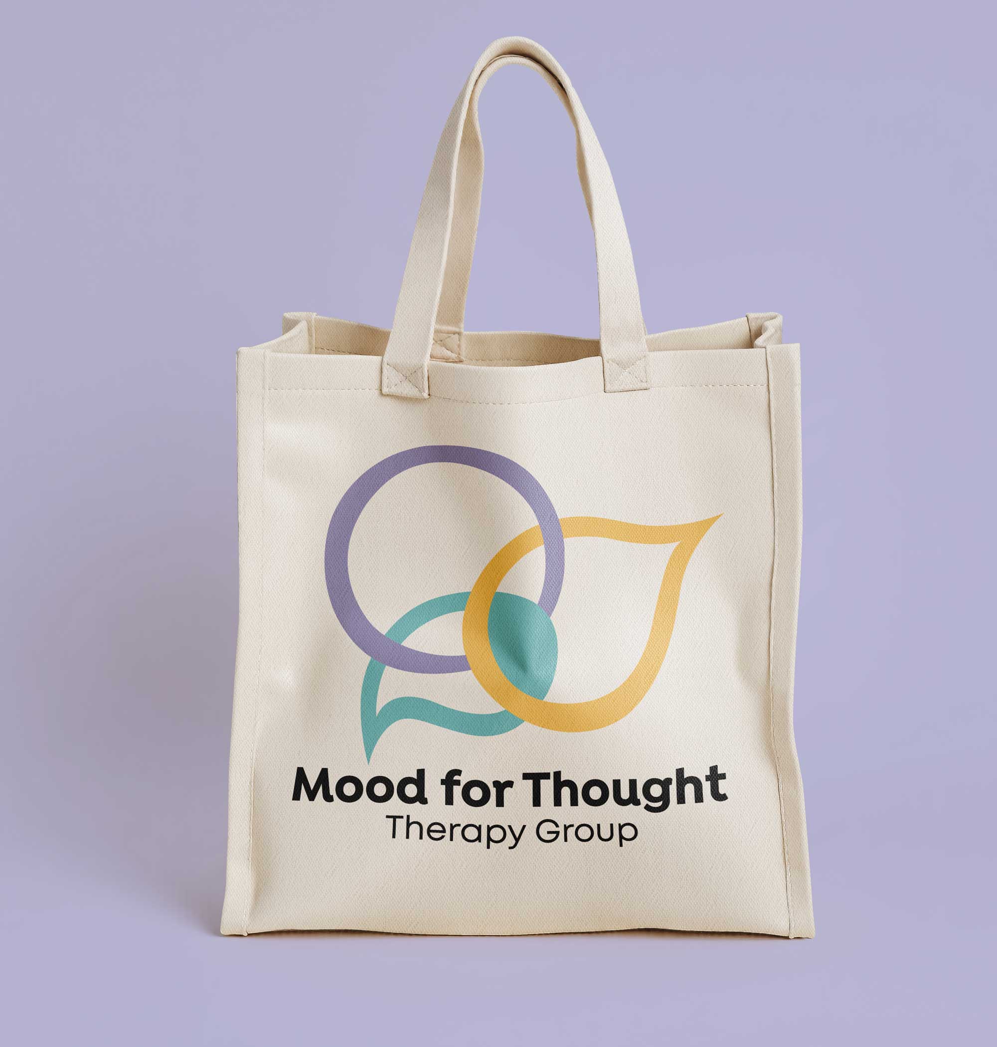 Branded cotton tote bag for Mood for Thought Therapy Group featuring colorful logo
