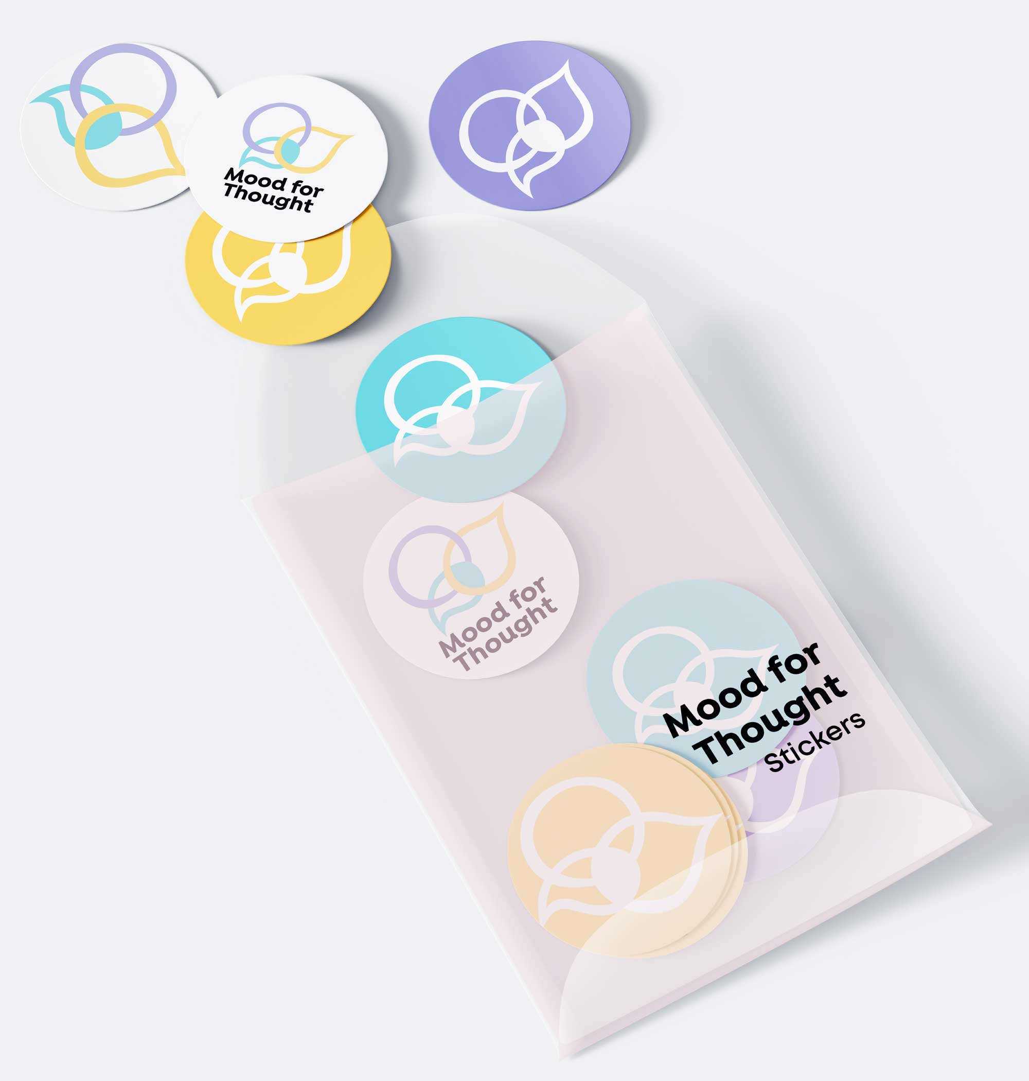 Mood for Thought branded sticker pack with pastel therapy logo in envelope