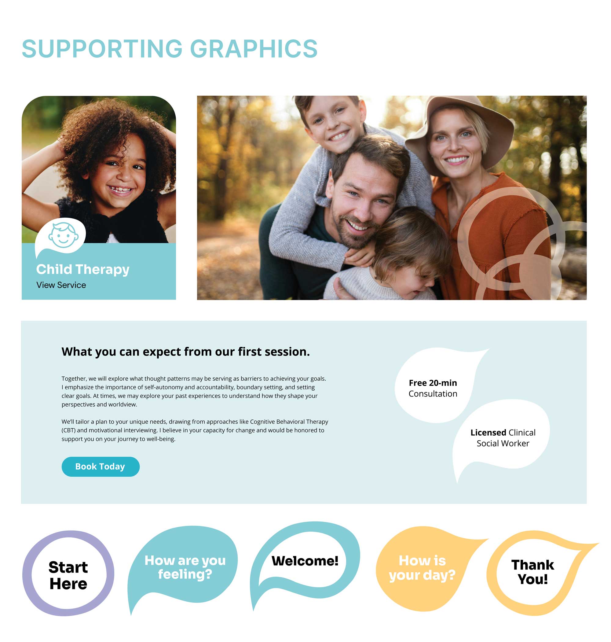 Web design section showcasing Mood for Thought's therapy services and child counseling graphic