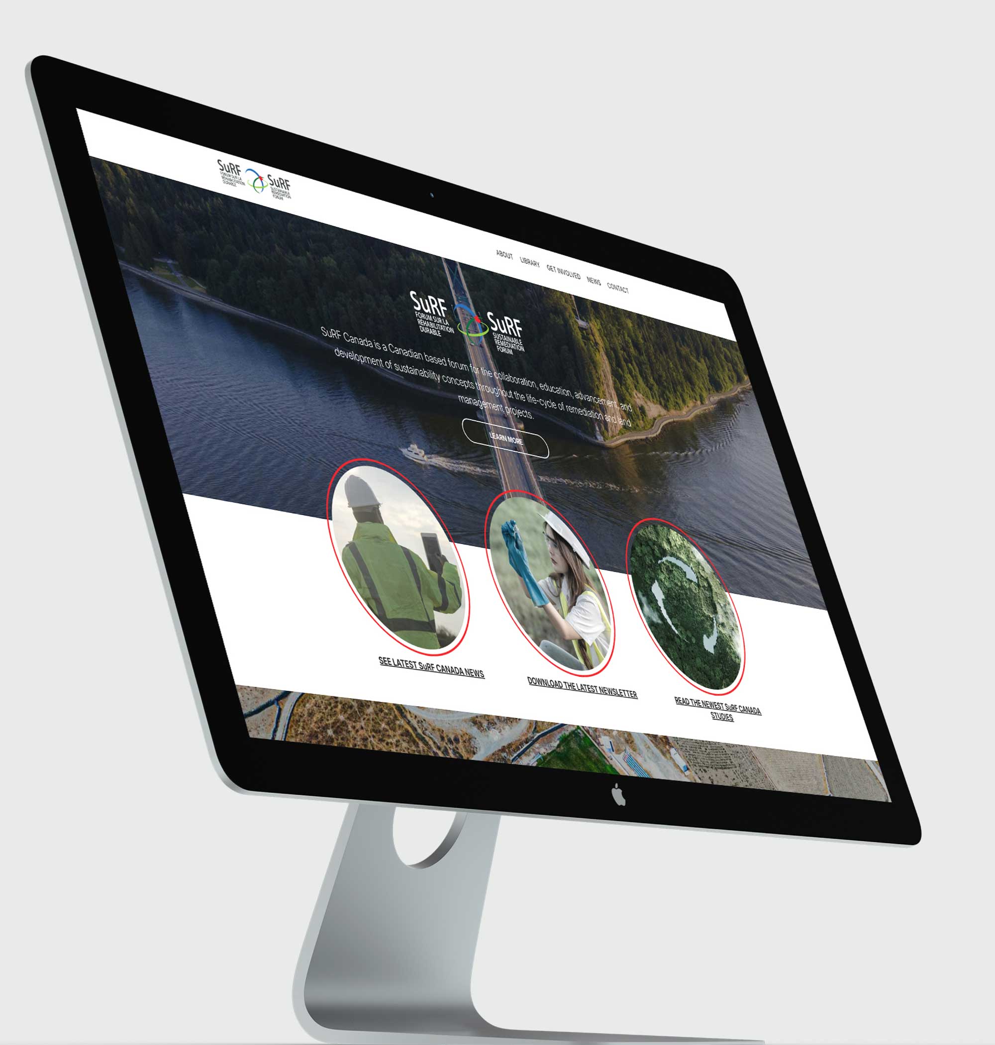 Professional website design for SuRF Canada featuring clean navigation, hero banner with Canadian landscape, and circular content sections highlighting sustainable remediation services
