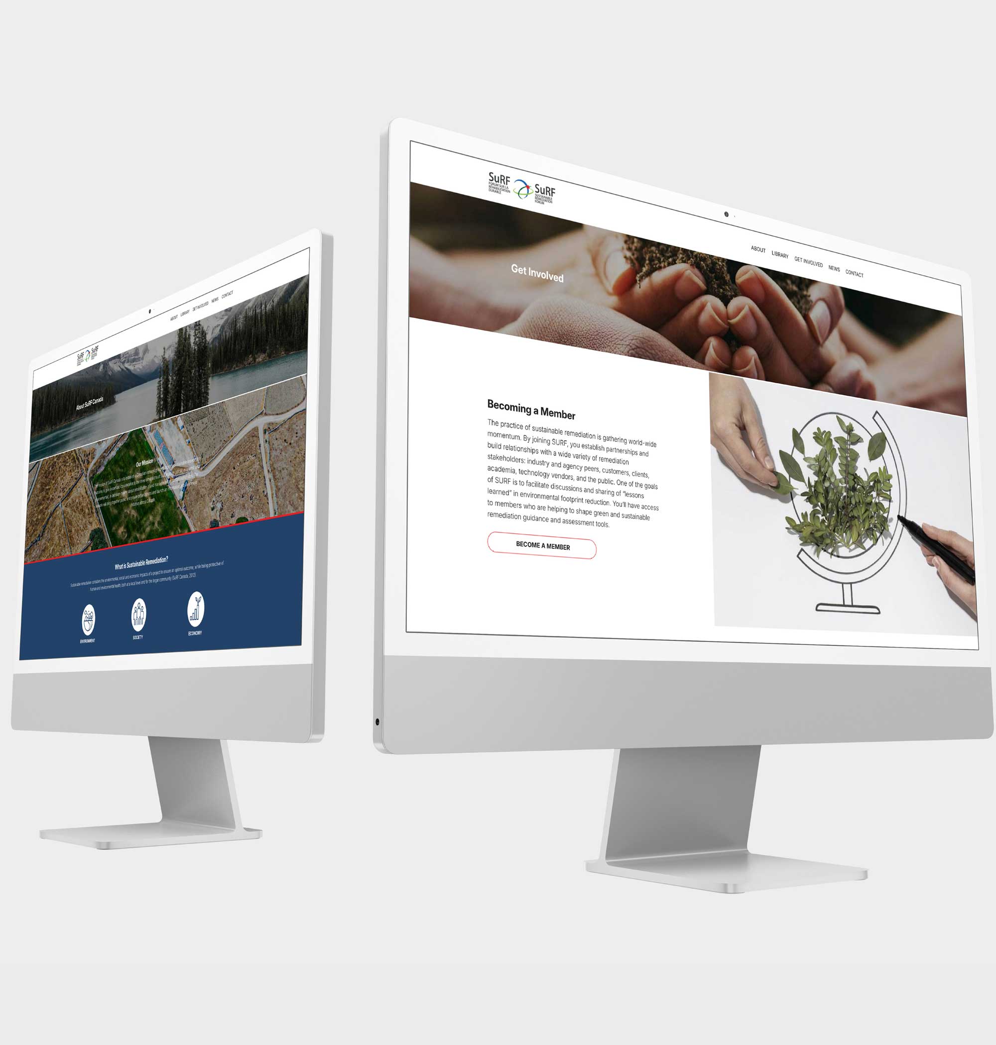 Professional website design for SuRF Canada displaying membership and Get Involved pages with clean layout, environmental imagery, and sustainable remediation content on dual desktop screens