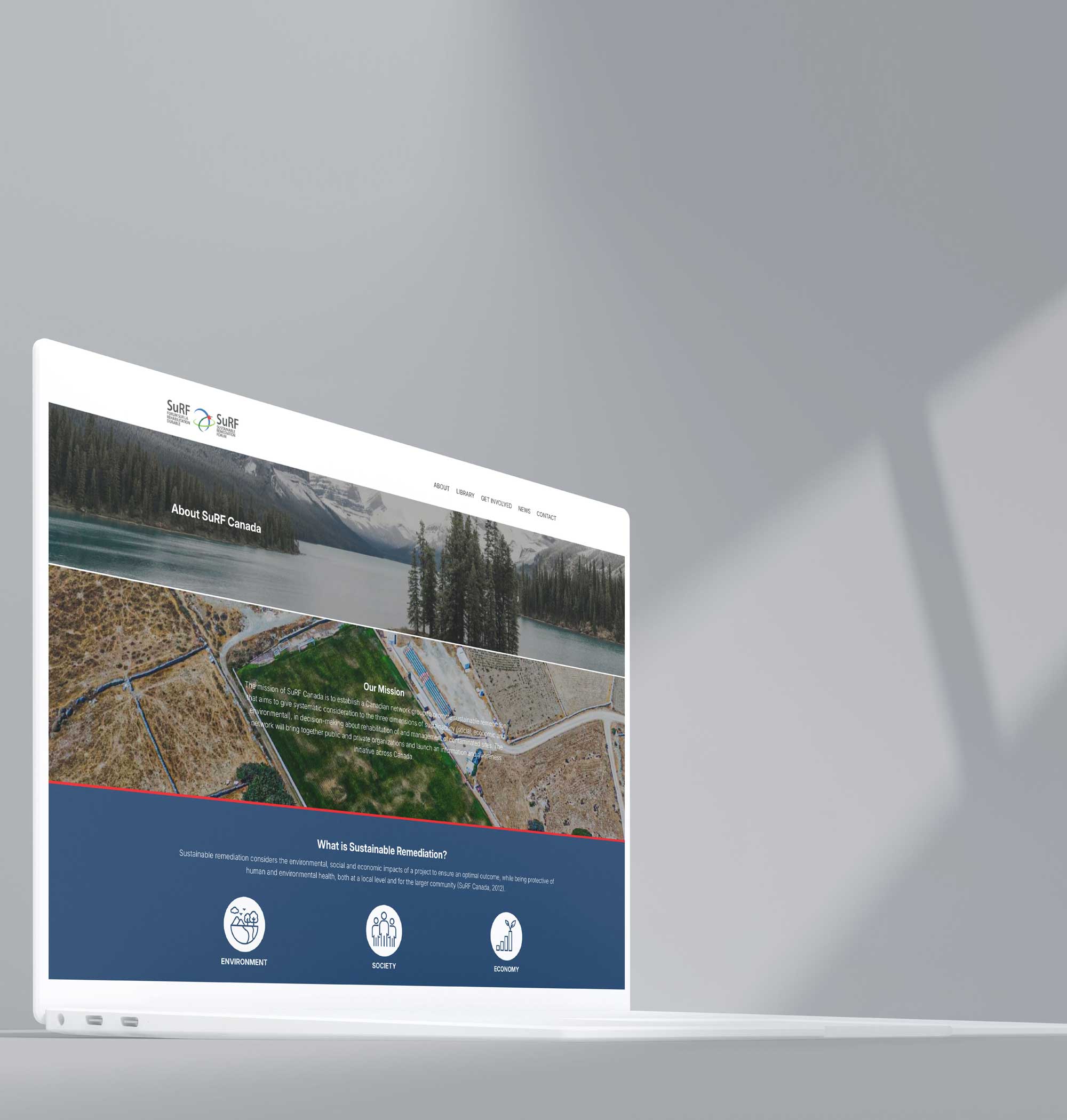 SuRF Canada website design featuring About page with sustainable remediation mission, Canadian environmental imagery, and three-pillar sustainability framework on laptop screen.