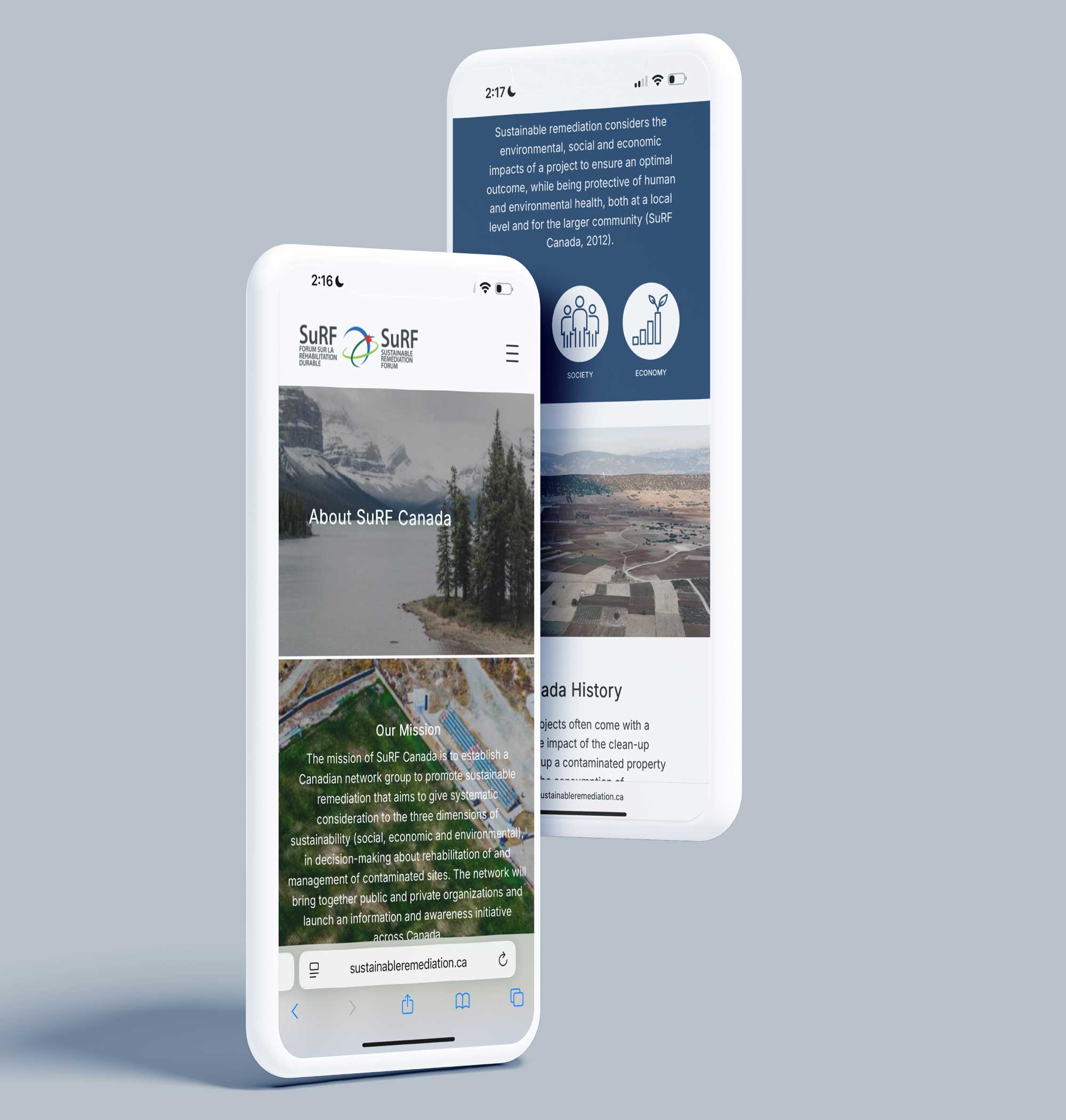 Mobile responsive website design for SuRF Canada showing optimized layout with About section, mission statement, and sustainable remediation content on smartphone screens
