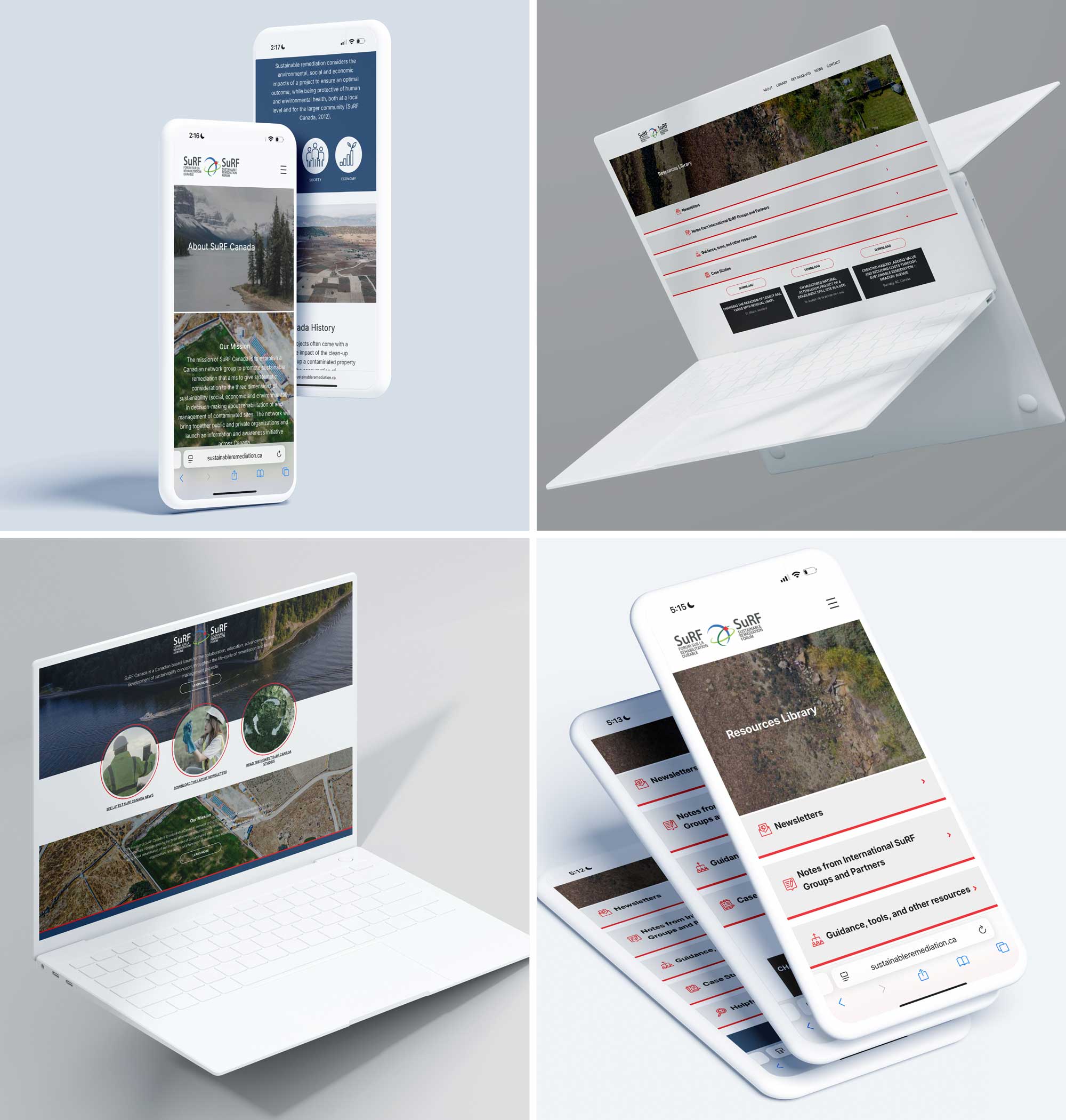 Responsive website design for SuRF Canada showcasing mobile and desktop layouts with About page, Resources Library, homepage, and sustainable remediation content across multiple device screens.