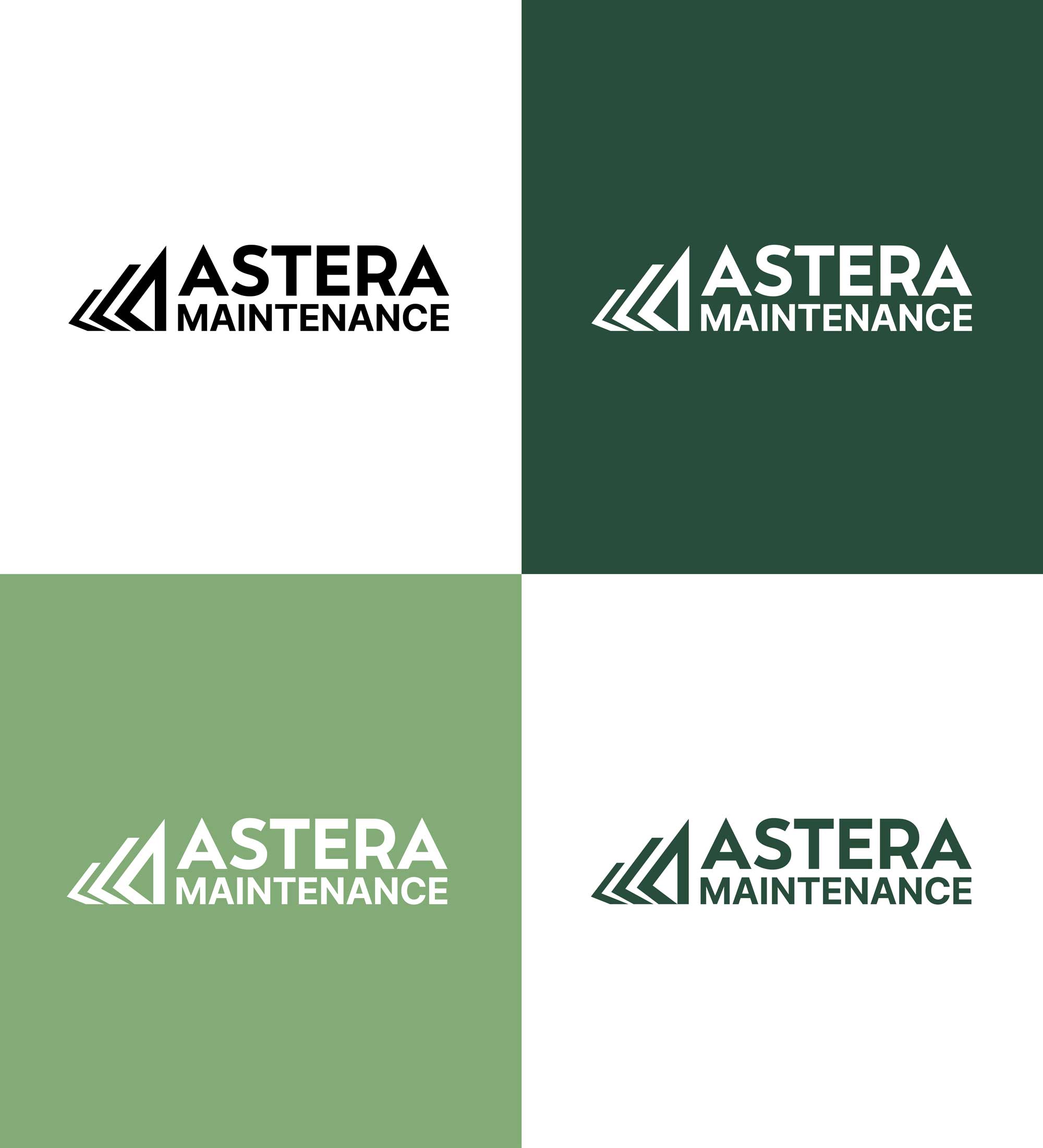 Astera Maintenance logo variations shown on white and green backgrounds for a clean, modern maintenance company brand system.