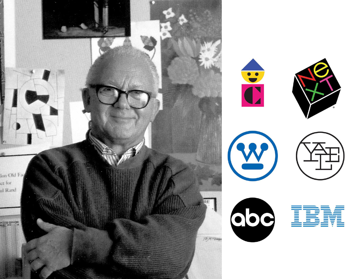 Black and white portrait of Paul Rand, American graphic designer, seated with arms crossed, displayed alongside six of his iconic logo designs: Fred Rogers' Chubb (colorful figure), NeXT (black cube with colored letters), Westinghouse (blue circular W), Yale University Press (interlocking letters in a circle), ABC (white letters on black circle), and IBM (blue horizontal striped letters)